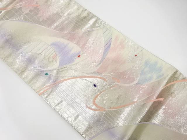 鶴に花模様織り出し　袋帯【中古】【着】