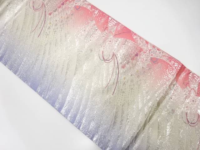 孔雀羽根に小花模様織り出し　袋帯【中古】【着】