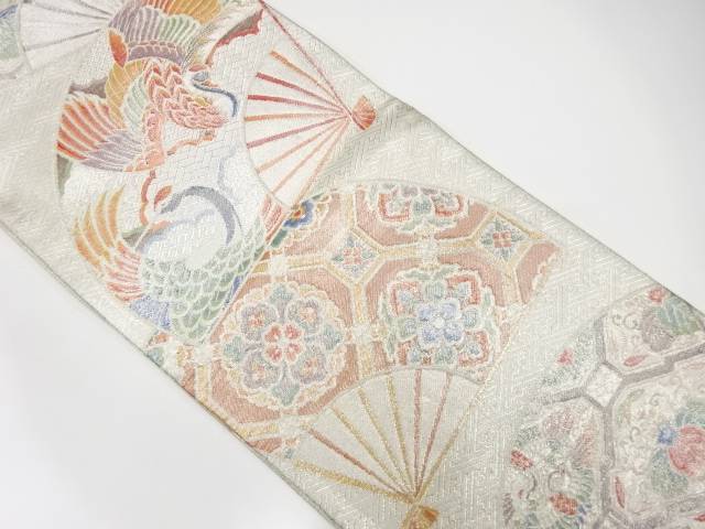 佐賀錦　扇に花蜀江・鶴模様織り出し袋帯【中古】【着】
