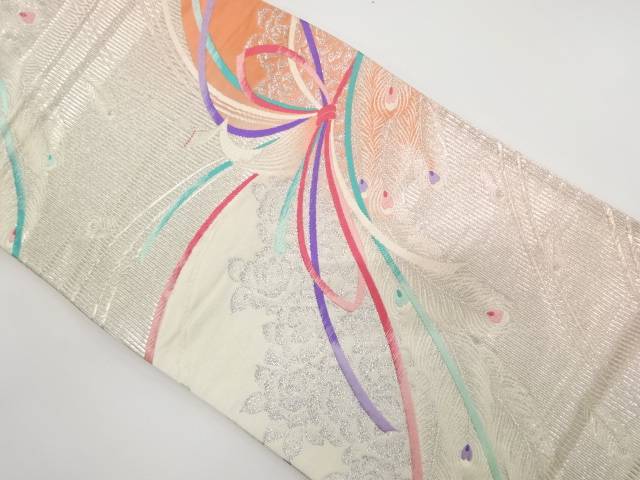 リボンに孔雀模様織出し袋帯【中古】【着】