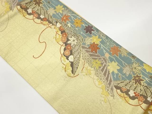 隠れ笠に紅葉・花々模様織出し袋帯【中古】【着】