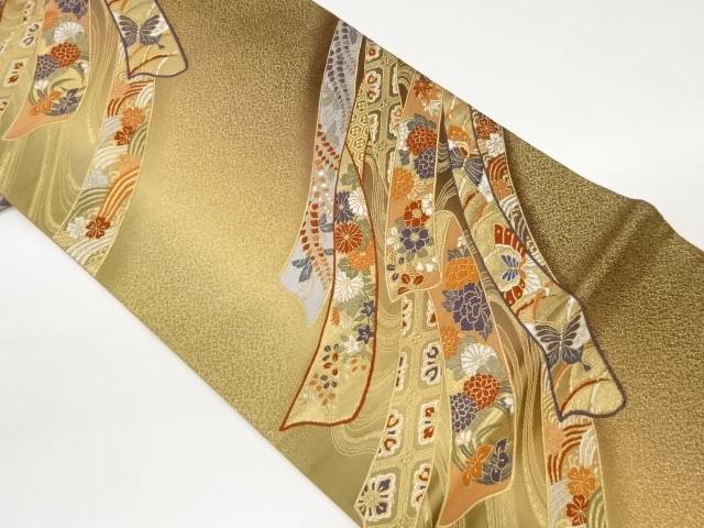 鬘帯に草花模様織出し袋帯【中古】【着】