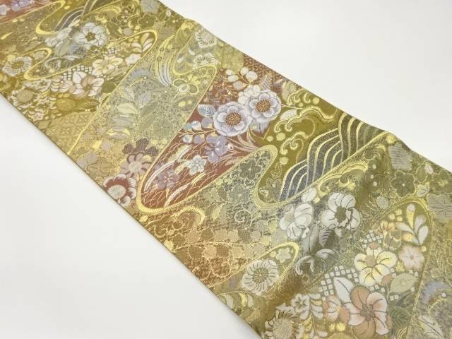 変わり流水に荒波・花葉模様織出し袋帯【中古】【着】