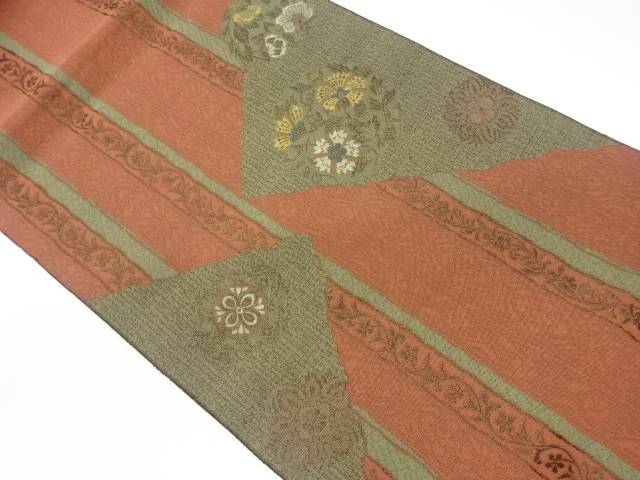 本場筑前博多縞に草花模様織出し名古屋帯【中古】【着】