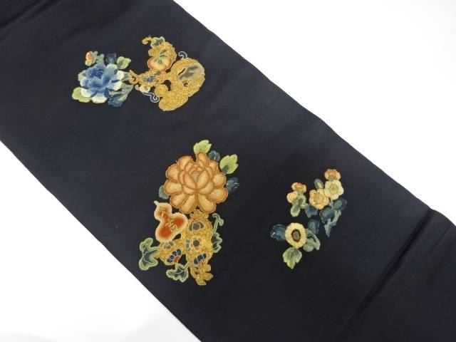 相良刺繍　瓢箪に牡丹・花模様袋帯（着用可）【アンティーク】【中古】【着】