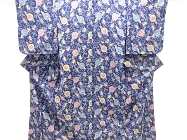 未使用品　仕立て上がり　菊唐草模様手織り紬着物【着】