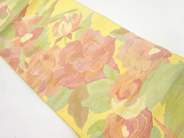 手織り紬花模様織り出し名古屋帯【中古】【着】