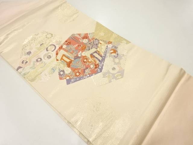 御所車に秋草模様織出し名古屋帯【中古】【着】