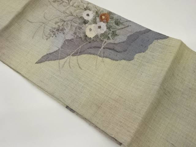 手織り真綿紬草花模様織出し名古屋帯【中古】【着】