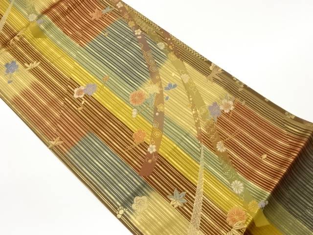 鬘帯に花々・吹き寄せ・縞模様織出し袋帯【中古】【着】