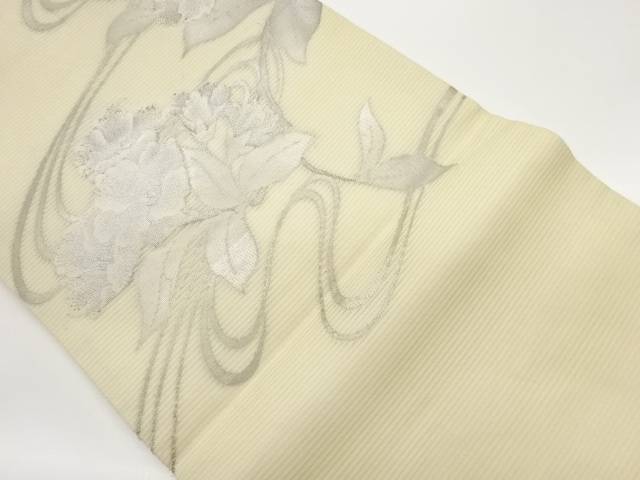 絽綴れ流水に花葉模様織出し開き名古屋帯（額縁仕立て）【中古】【着】