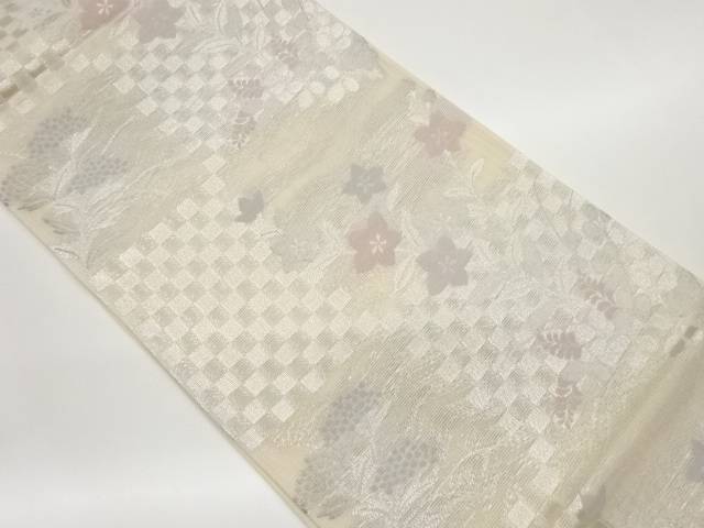 紗 市松に桔梗・萩模様織出し袋帯【中古】【着】