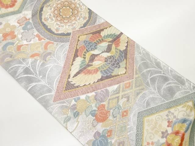 菱に向かい鳥・華紋・花々模様織出し全通袋帯【中古】【着】