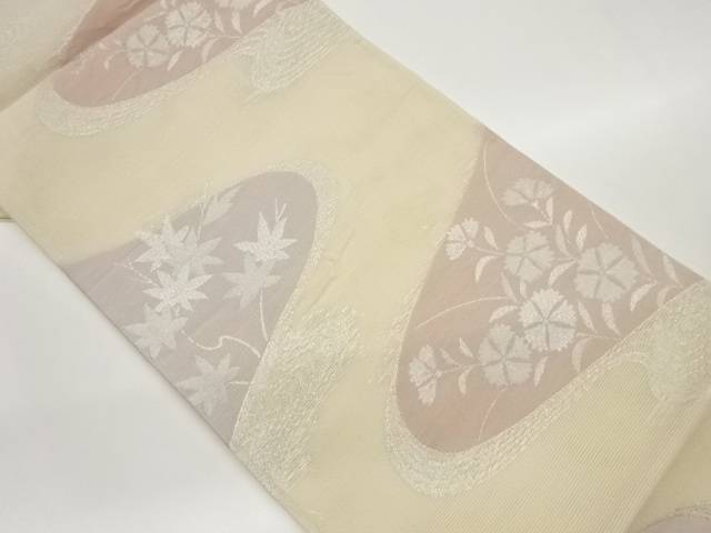 絽曲線に草花模様織出し袋帯【中古】【着】