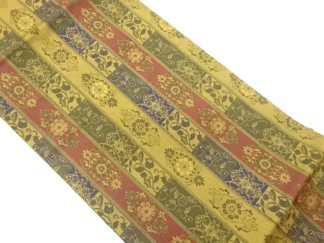 縞に花唐草・草花模様織出し名古屋帯【中古】【着】｜Kimono-Shinei　２号店