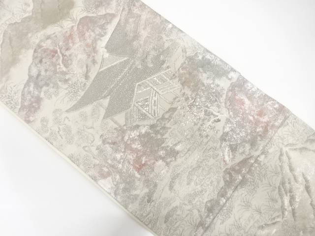 プラチナ箔　寺院風景模様織り出し　袋帯【中古】【着】