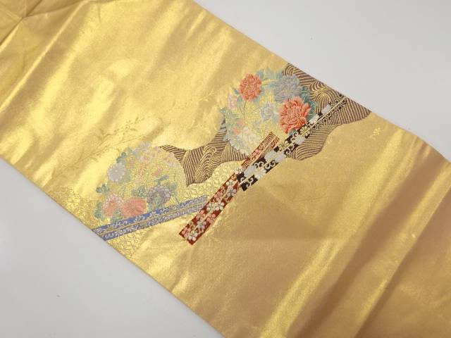扇に花丸模様織り出し名古屋帯【中古】【着】