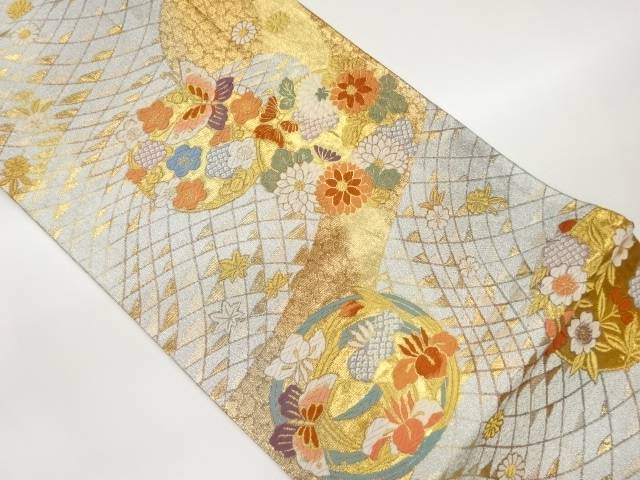 花輪に蝶・花々模様織出し袋帯【中古】【着】