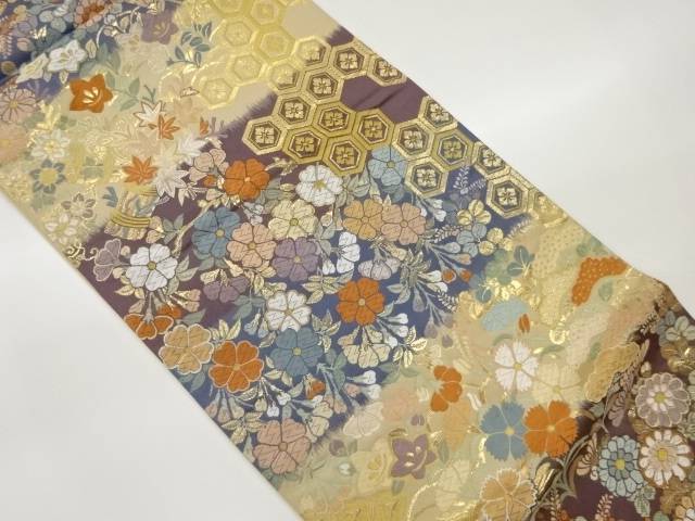 亀甲散らし草花文織出し袋帯【中古】【着】