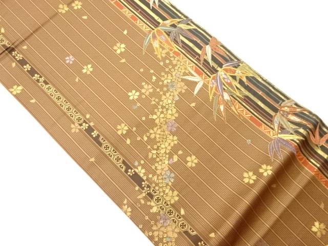 縞に桜・竹・笹模様織出し袋帯【中古】【着】