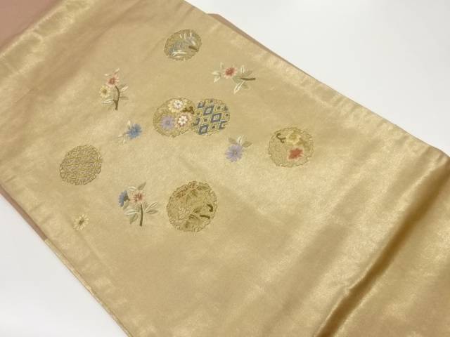 雪輪に草花・菱模様刺繍名古屋帯【中古】【着】