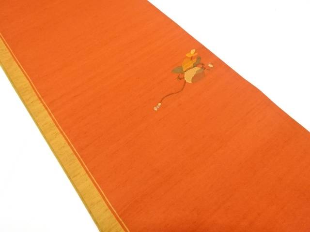 作家物　手織り紬　巾着に花模様織り出し袋帯【中古】【着】