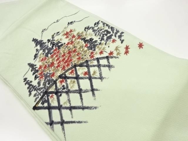 作家物　金彩手描き紅葉に松・光悦垣模様名古屋帯【中古】【着】