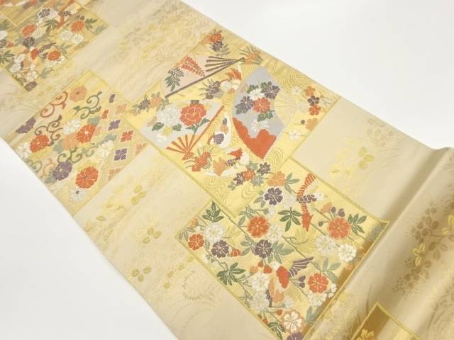 色紙に扇・鴛鴦・草花模様織出し袋帯【中古】【着】