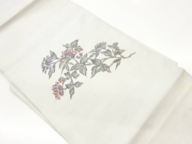 手織り紬手描き菊模様名古屋帯【中古】【着】