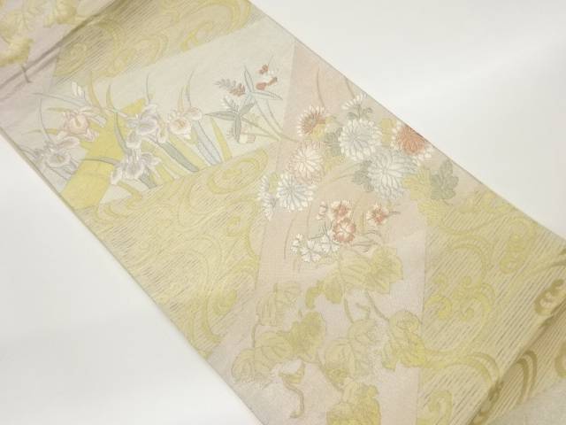 絽菊に菖蒲・流水模様織出し袋帯【中古】【着】