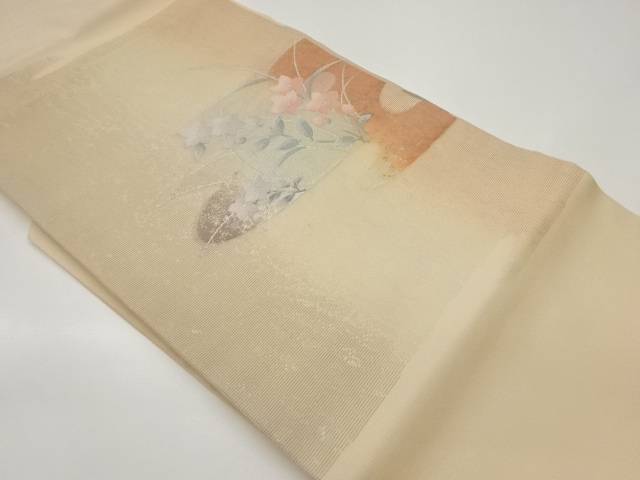 紗 引箔桔梗にヱ霞模様織出し名古屋帯【中古】【着】