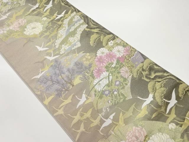 じゅらく製　地紙に花々・鶴・松模様織出し袋帯【中古】【着】