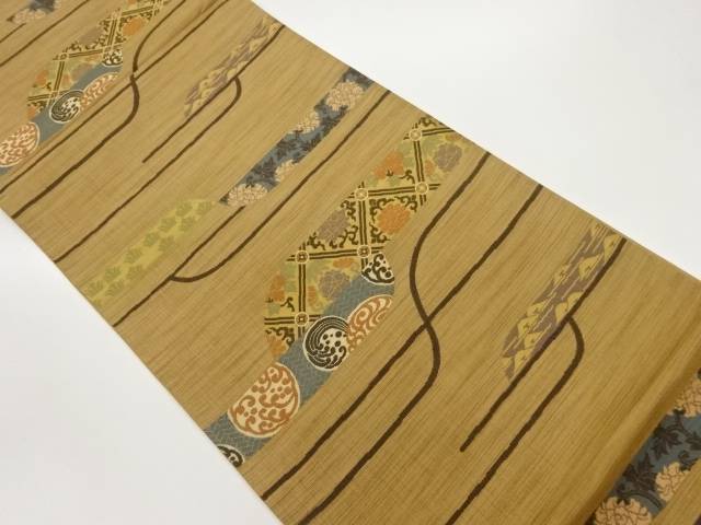 変わり横縞に草花・荒波模様織出し洒落袋帯【中古】【着】