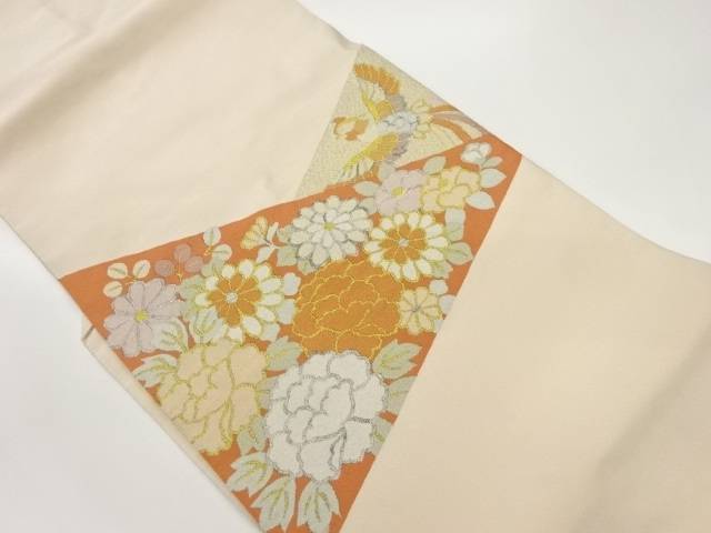 綴れ花々・鳥模様織出し名古屋帯【中古】【着】