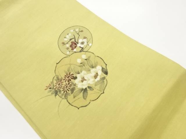 手織り紬手描き梅・草花模様名古屋帯【中古】【着】
