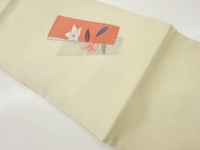 絽短冊に花葉模様織出し名古屋帯【中古】【着】