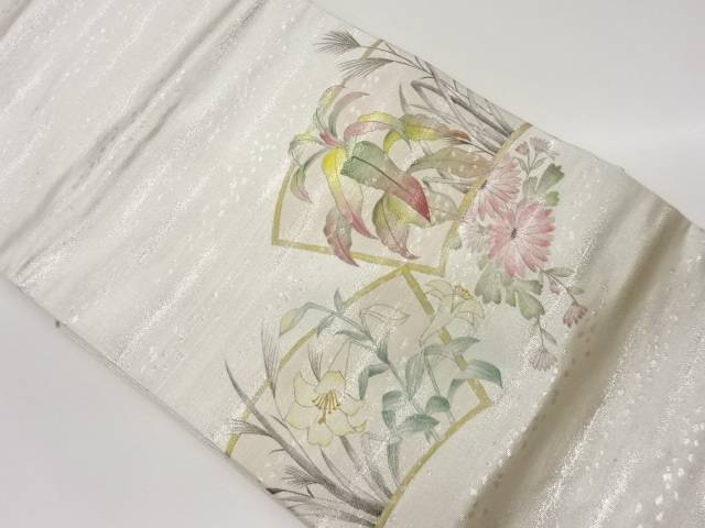 手描き地紙に草花模様織出し名古屋帯【中古】【着】