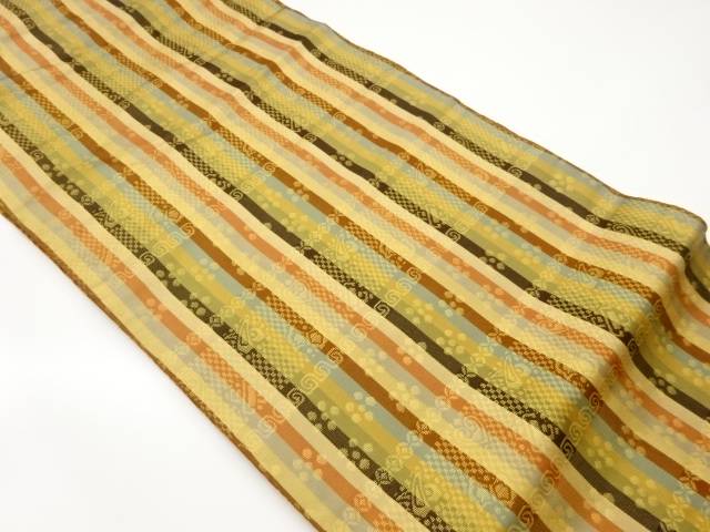 縞に市松・宝模様織出し名古屋帯【中古】【着】