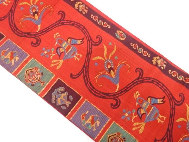 花鳥唐草模様織出し袋帯【中古】【着】