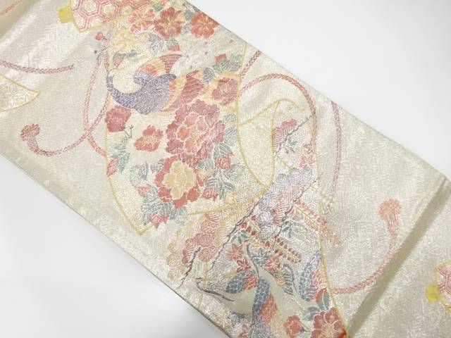 佐賀錦巻物に孔雀・花模様織出し袋帯【中古】【着】