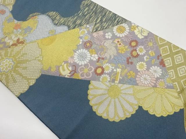 菊に雪輪・梅・宝尽くし模様織出し袋帯【中古】【着】