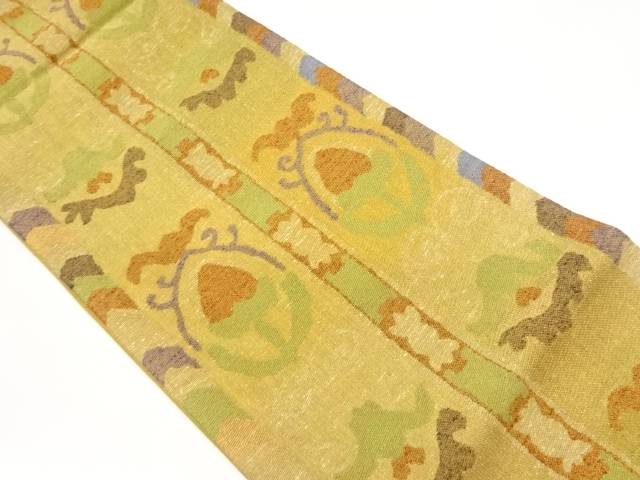 金通し縞に抽象花唐草模様袋帯【中古】【着】