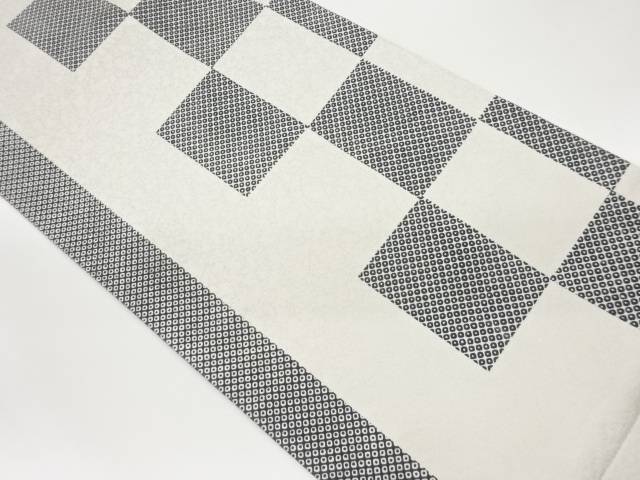 柿渋染銀通し変わり市松に鹿の子模様織出し全通袋帯【中古】【着】