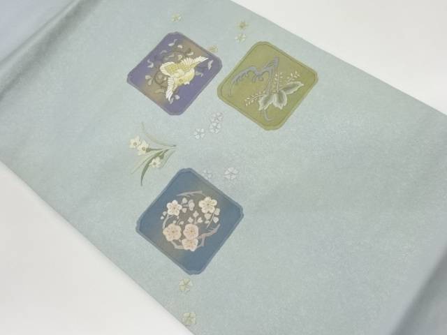 四角に花鳥・梅模様刺繍名古屋帯【中古】【着】