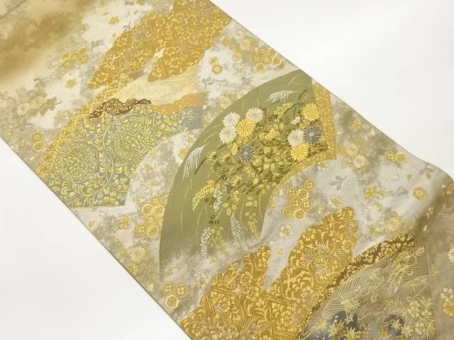 引箔地紙に秋草・流水・雲模様織出し袋帯【中古】【着】