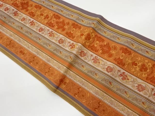 本場筑前博多縞に花唐草模様織出し名古屋帯【中古】【着】
