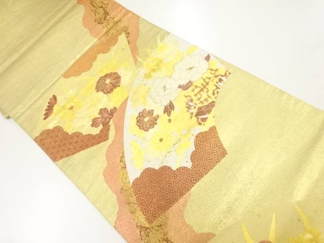 地紙に菊・牡丹模様刺繍袋帯【中古】【着】