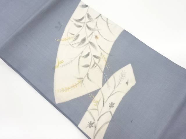 紗 金銀彩手描き抽象地紙に草花・蜻蛉模様名古屋帯【中古】【着】