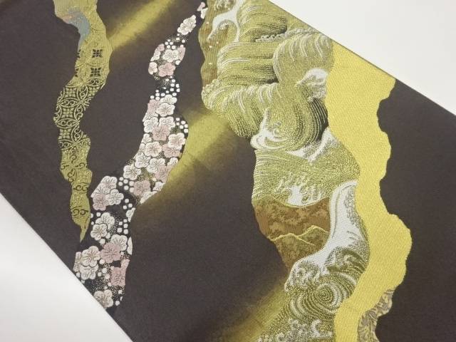 引箔道長取に桜・梅・荒波模様織出し袋帯【中古】【着】