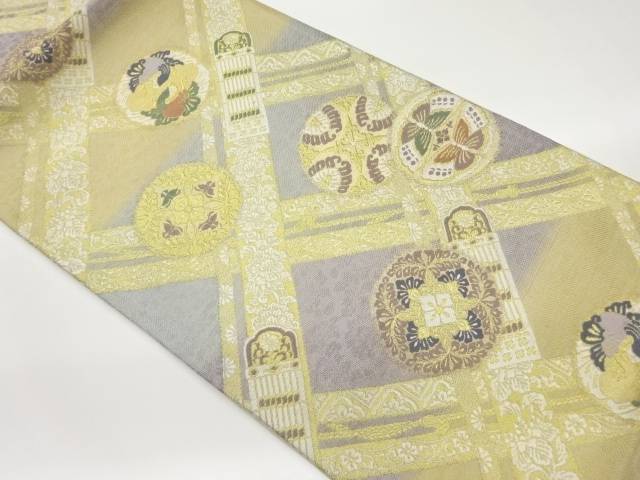 横縞に花唐草・菱・丸文模様織出し袋帯【中古】【着】